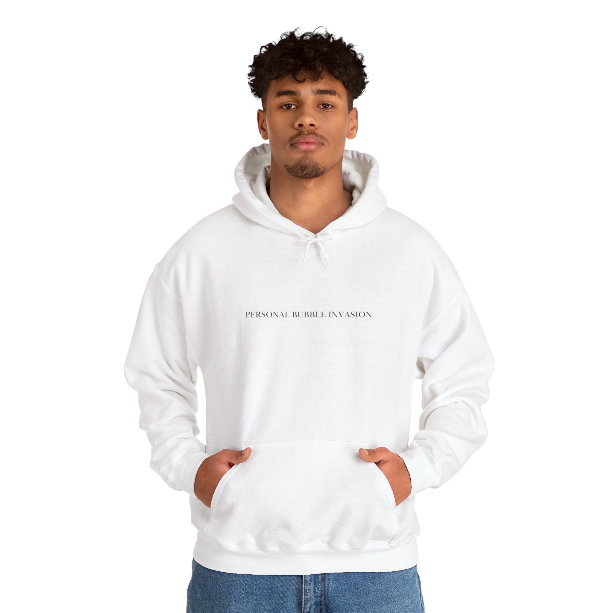 Minimalist White Hoodie — "PERSONAL BUBBLE INVASION" Pullover